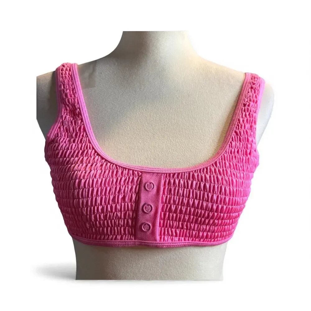 Kendall + Kylie 3 Snap Henley Bikini Top, Neon Pink, Medium, NWT